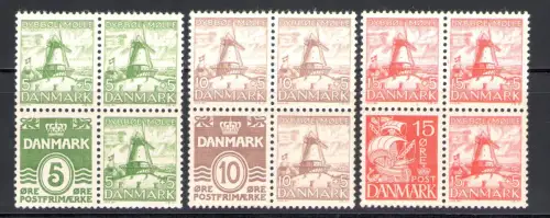 1937 DÄNEMARK, Dybbol Mühle in Quartina aus Heft, mit Mehrwert, Nr. 246/48+210b+213A+214 - 3 Werte postfrisch**