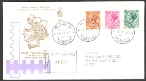 1960 REPUBBLICA - VENETIA Nr. 171/de Syrakus Lire 30-40-70 Einschreiben