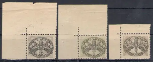 1946 Vatikan, Steuermarken Graukarte 3 Val, Bogenwinkel - postfrisch **