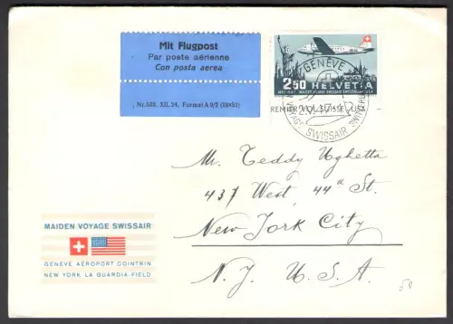 1947 SCHWEIZ,, 2.05.1947 Luftpost auf Umschlag Nr. A41 - Erster Flug Schweiz-USA