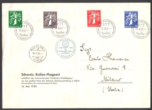 1939 SCHWEIZ, Expo Zürich Nr. 337/340 - Zürich - Mailand im Heißluftballon - Sehr interessant