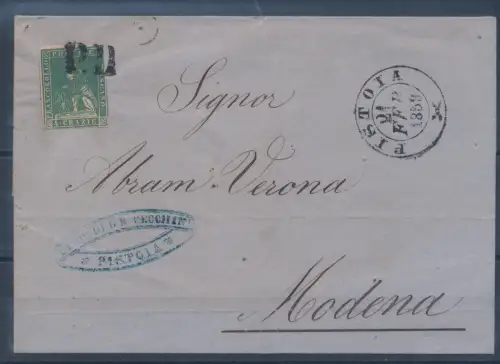 1857 TOSKANA, Nr. 14 4cr. hellblaugrün, gebraucht, auf Umschlag von Pistoia nach Modena vom 21.02.1858, gestempelt P.D.