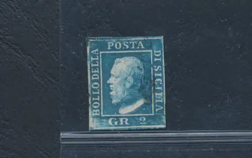 1859 SIZILIEN, Nr. 6 - 2 blaue Körnung, I Tafel, Retusche Nr. 92 hellblau GEBRAUCHT - Signiert Sorani