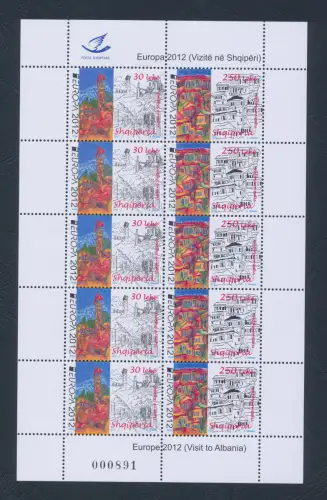 2012 EUROPA CEPT Albanien, 1 Kleinbogen von 5 Serien, Tourismus, postfrisch **