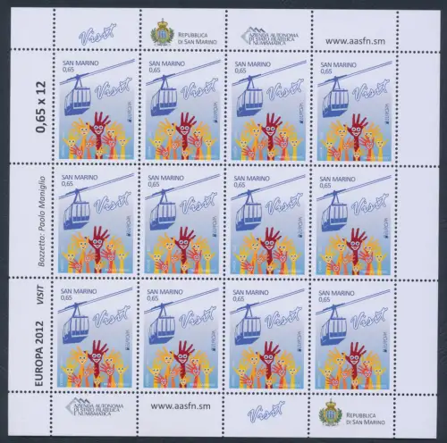 2012 EUROPA CEPT, San Marino, 1 Kleinbogen mit 12 Werten, Tourismus, postfrisch **