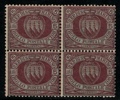 1892-94 SAN MARINO, Sächsischer Katalog #22, 5 Lire karmin auf dunkelgrün, postfrisch**