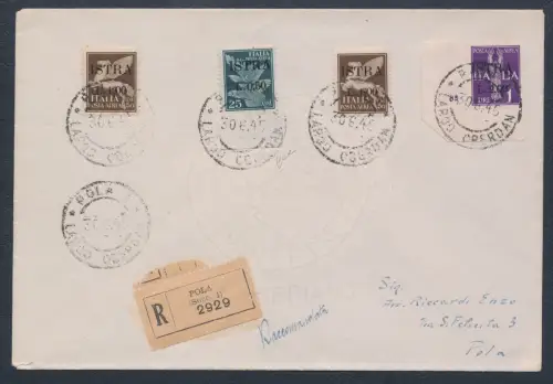 1945 Istrien (Pula), jugoslawische Besetzung, schöne Einschreiben Pula nach Pula, ungewöhnlich