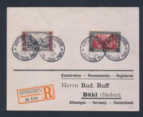 1900 Türkei - Kolonien Deutsches Reich Post2 Nr. 22/23 auf Umschlag von Konstantinopel nach Baden, sehr schön und frisch