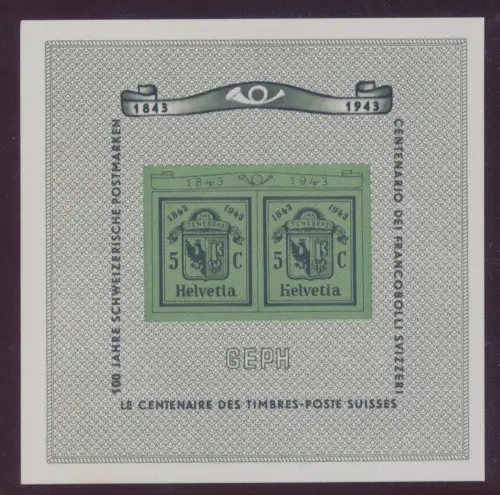 1943 SCHWEIZ, BF Nr. 10, Hundertjahrfeier der Genfer Kantonsmarke, postfrisch **