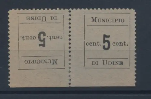 1918 Rathaus von Udine, 5 Cent schwarz auf blaugrünem Papier, Tete-Beche - horizontal - MLH ** Signiert / Signiert Alberto Diena