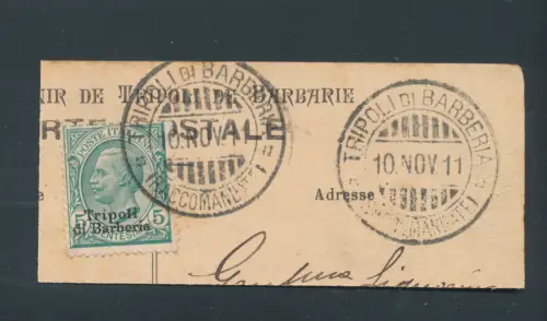 1911 Tripolis di Barberia, schönes Postkartenfragment, 5 Cent grün gebraucht am 10.11.1911, GEBRAUCHT