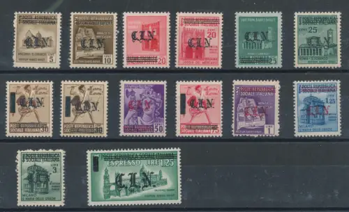 1945 Turin, Ausgaben C.L.N., Aufdrucke C.L.N in Gotik und Barren auf RSI, Nr. 1/13 + Expr 17, MNH ** Raybaudi Zertifikat - RAR