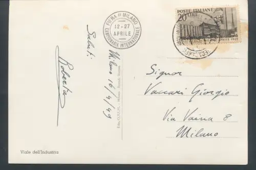 1949 REPUBLIK - 27. Messe Mailand, Nr. 598, Schöne Postkarte, erster Tag der Veranstaltung, gebraucht