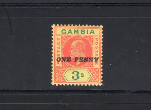1906 GAMBIA, SG 70a - Yvert 53a, 3 Schilling Rot Grün und Gelb, Doppelaufdruck, Surch Double - MLH* - Rare