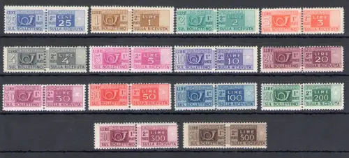 1946-51 Italien - Republik, filigrane Postpakete Rad, 14 Werte, postfrisch** - Mittelmäßige Zentrierung
