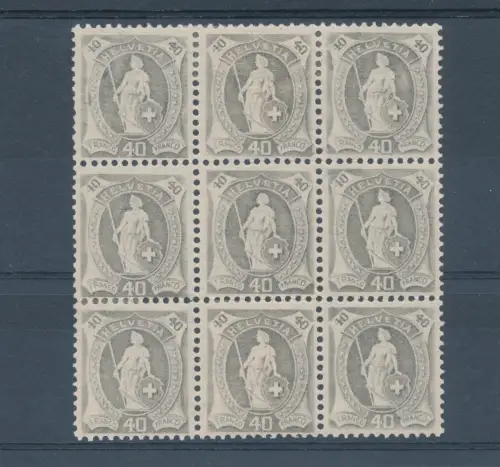 1907 SCHWEIZ - Schweiz in Füßen - 40 Cent grau, gezackt 11 1/2 x 11, 9er Block mit Briefmarke ohne Diadem, Ohne Diadem postfrisch**