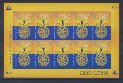 2005 AUSTRALIEN, Hundertjahrfeier Rotary International, ungezähnter Kleinbogen 10 Werte, Auflage 10.500 Exemplare - postfrisch **