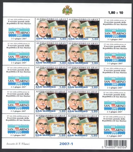 2007 San Marino, Glaray Experte für Philatelie und Postgeschichte Sanmarinese, Nr. 2128 - Kleinbogen 10 Werte mit Barcode, postfrisch **