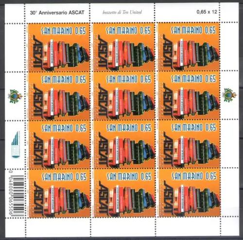 2007 San Marino, Ascat, Nr. 2150 - Kleinbogen 10 Werte mit Barcode, postfrisch** - Selten