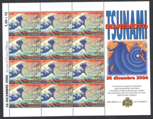 2005 San Marino, Tsunami - Flutwelle - zugunsten der Opfer, Nr. 2304 - Kleinbogen mit 12 Werten, postfrisch **