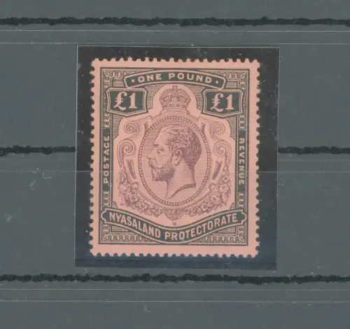 1913 Nyasaland Protectorate - Stanley Gibbons Nr. 98 - £ 1 lila und schwarz - Papier rot - Multi Crown CA - MLH*