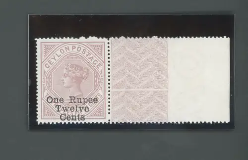 1885 Ceylon, Stanley Gibbons Nr. 176, 1r.12 on 2r.50 dull rose gezähnt 12 1/2 x 14, MNH ** Bogenrand