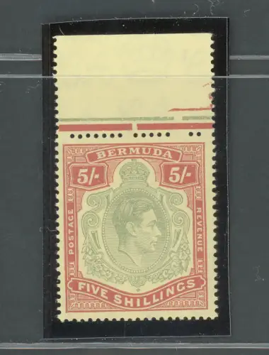 1938-53 BERMUDA, Stanley Gibbons Nr. 118a, GEORGE VI Portrait, 5 scellini pal grünes und rot/gelbes Papier - postfrisch**