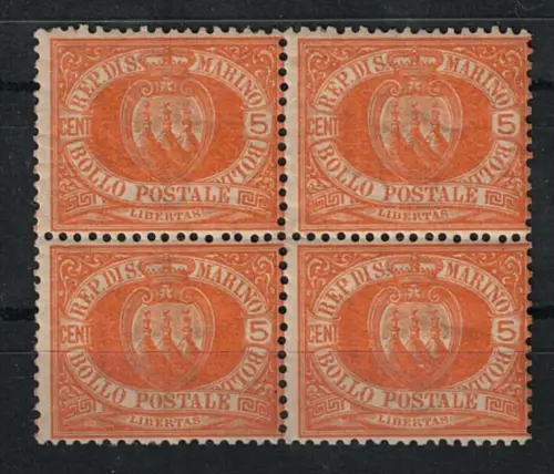 1877 SAN MARINO, # 2 - 5 Cent. gelb, Viererblock, postfrisch**