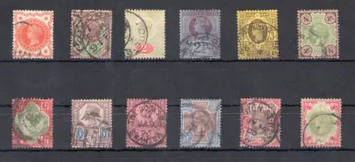 1887- 1892 Großbritannien, Stanley Gibbons Nr. 197/211, GEBRAUCHT (NO 1 £ Green)