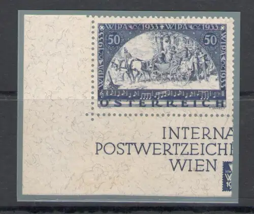 1933 ÖSTERREICH - W.I.P.A. 50+50 g., n. 430A Papier mit Seidenfäden - Blattecke - postfrisch ** - Signiert für Giulio Bolaffi