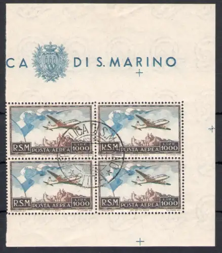 1951 SAN MARINO Luftpost 'Flagge' - Viererblock - 28.11.1951 - Sächsischer Katalog Nr. 99 - Zertifikat Enzo Diena Selten