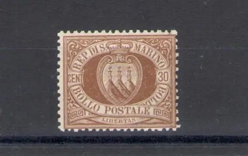 1877 San Marino, Sächsischer Katalog Nr. 6, 30 Cent braun - Diskrete Zentrierung - MNH** - Fotokopie Zertifikat Enzo Diena