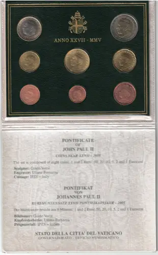 2005 Vatikan, kompletter Jahrgang, offizielle Serienmünzen, FDC