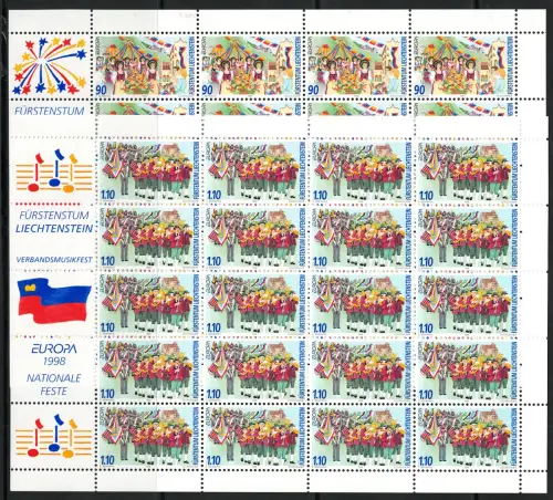1998 EUROPA CEPT, Liechtenstein, 2 Miniblätter mit 20 Werten, postfrisch**