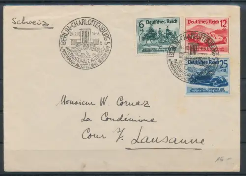 1939 Deutschland - Reich, Internationale Automobil-Ausstellung, Nr. 627/29, 3 Werte - Gebrauchter Umschlag von Berlin nach Lausanne (Absagen der Veranstaltung)