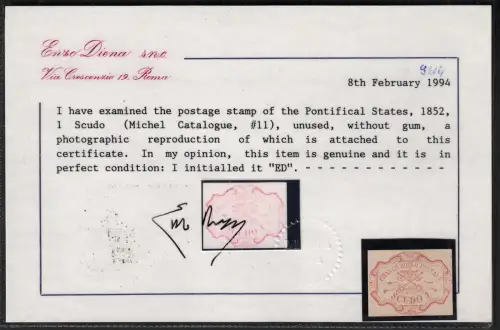 1852 Kirchenstaat, 1 Soldo rosa karmin # 11, ohne Gummi