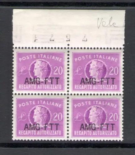 1954 TRIEST A - Autorisierte Zustellung - Neuer Aufdruck Nr. 5A - Block von 4