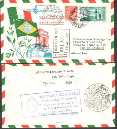 1958 REPUBLIK, Nr. 837 + 10 Lire Syrakus, Italienisch-Brasilianische Freundschaft Sonderflug