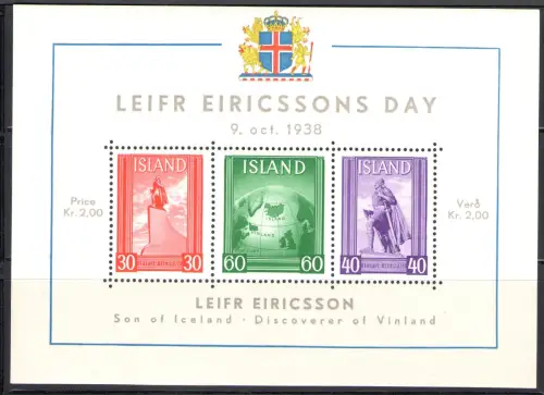 1938 ISLAND, Leifr Eiricsson Day - Leifr Eiricssons Day, BF 2, MNH **