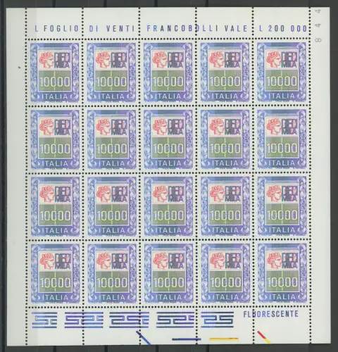 1983 Italien, Republik # 1652, 10.000 Lire polychrom, Minifoglio di 20, MNH **