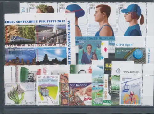2012 San Marino, kompletter Jahrgang, 19 Werte + 6 Zettel - postfrisch **