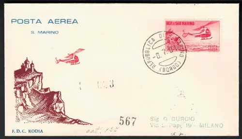 1961 SAN MARINO, Hubschrauber # 138, 1.000 Lire Karmin, gebraucht FDC