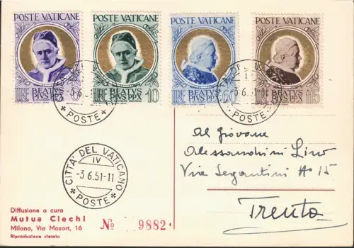 1951 Vatikan, Postkarte Seligsprechung von Pius X. # 145/48 FDC