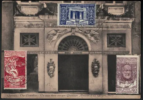 1922 Italien, # 128/30, 50. Todestag Giuseppe Mazzini auf Postkarte