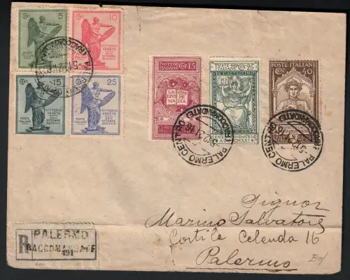 1921 Italien, #116/18 + 119/22 Sieg + Dante, Einschreiben, gebraucht