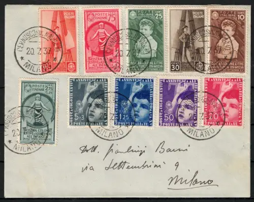 1937 Italien, # 406/15 Sommerkolonien Posta Ordinaria, auf nicht gereistem Umschlag