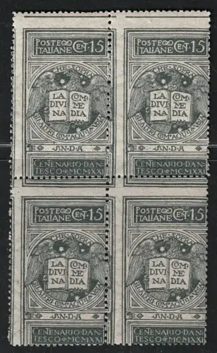 1921 Italien, Dante 15 Cent grau, nicht ausgegeben, # 116A, Viererblock, postfrisch **