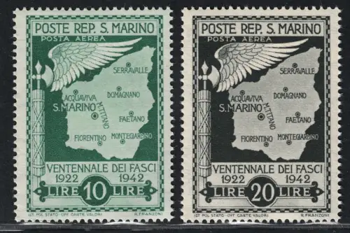 1943 San Marino, 20 Jahre Fasci Non Emessi, Posta Aerea # 32/33, MNH **