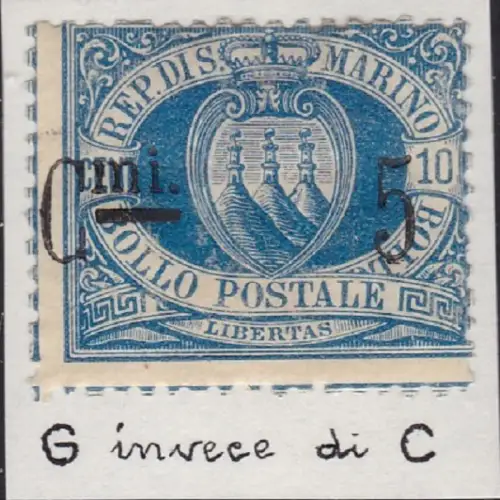 1892 SAN MARINO, # 8y, 5c. su 10c. hellblau MLH* G.mi statt C.mi