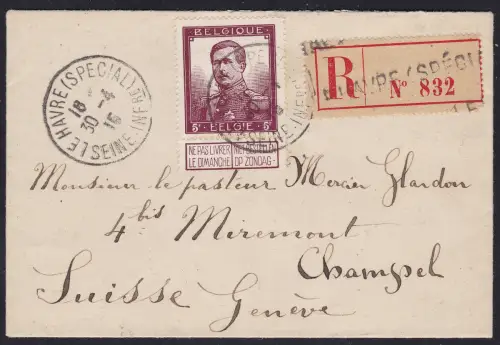 1912 BELGIEN, Nr. 122, 5 Fr. braun-karmin auf Brief, Le Havre nach Genf LUXUS